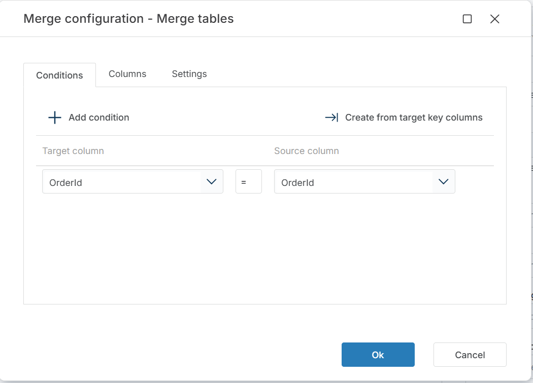 Merge configuration Conditions tab showing OrderId matched between target and source columns