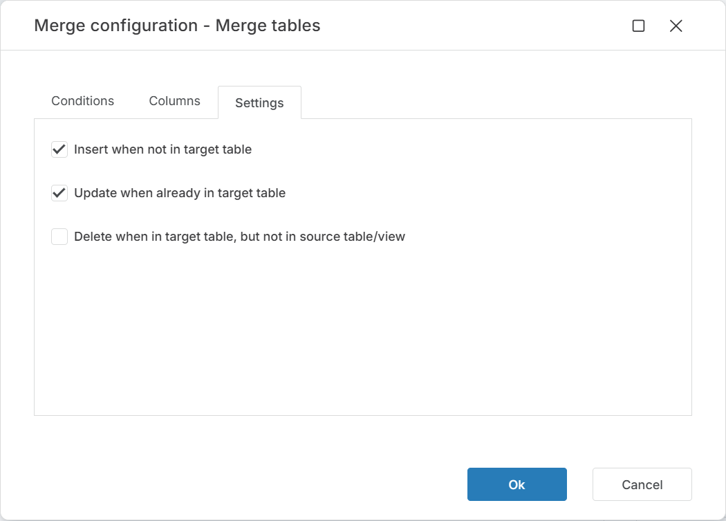 Merge configuration Settings tab showing Insert and Update checked, Delete unchecked